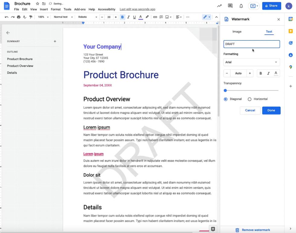 Nuevas marcas de agua en Documentos de Google.