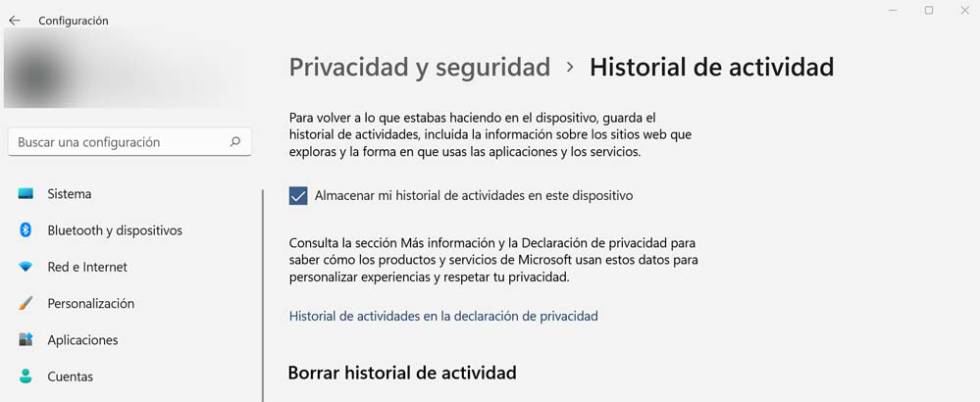 Borrar historial de actividad Windows 11