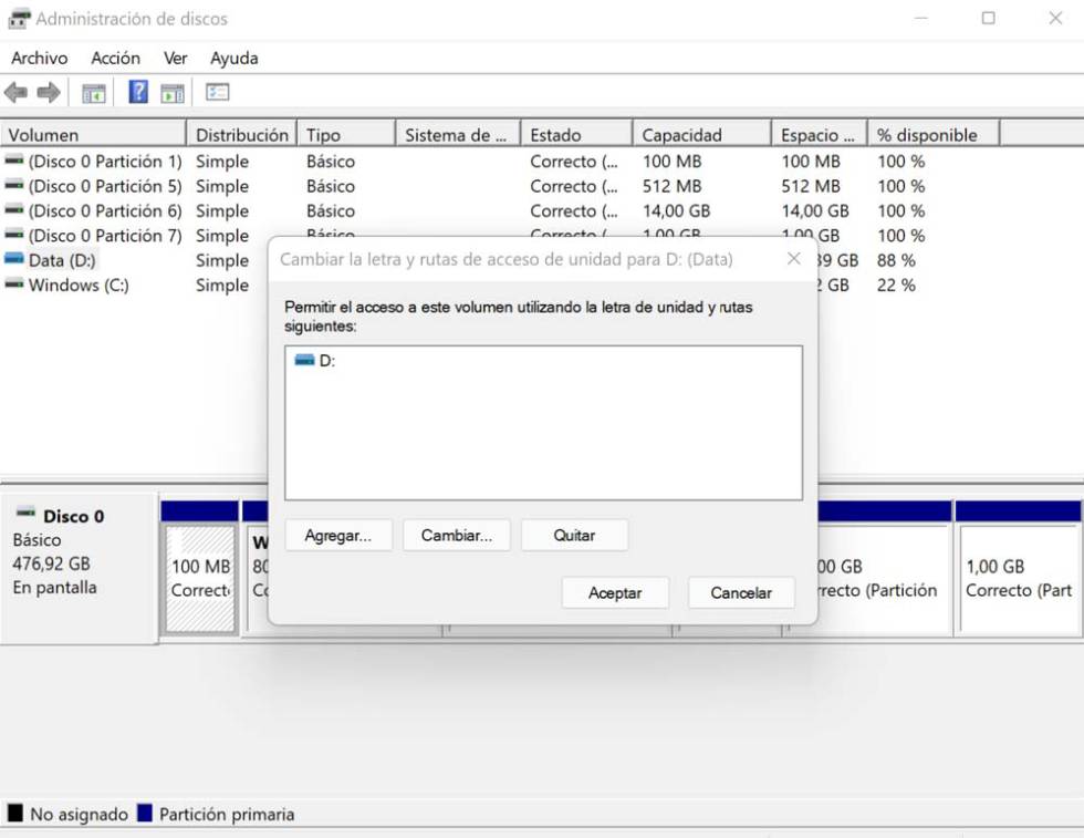 Cambio de letra en un disco en Windows 11