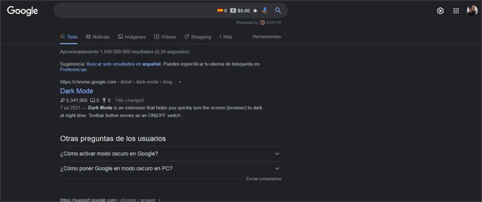 Modo oscuro de Google