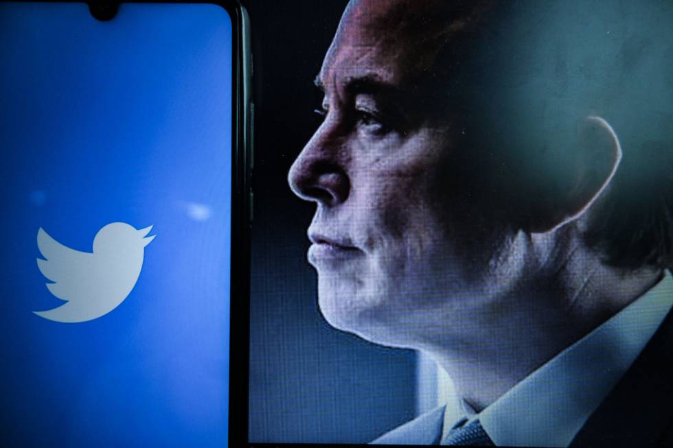 Logo de Twitter frente a la imagen de Elon Musk