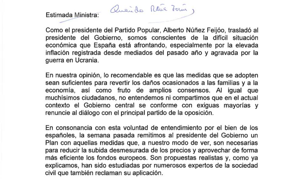 Carta del PP a la ministra de Hacienda, María Jesús Montero.