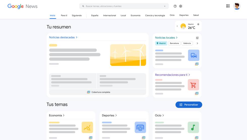 Algunas de las funcionalidades para Google News en escritorio en España.