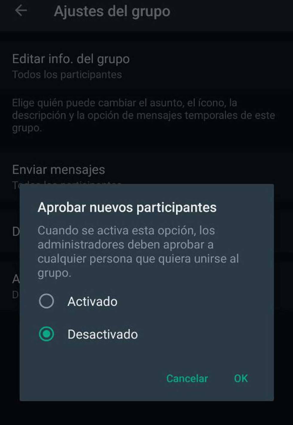 Ventana para activar Aprobar nuevos participantes en WhastApp