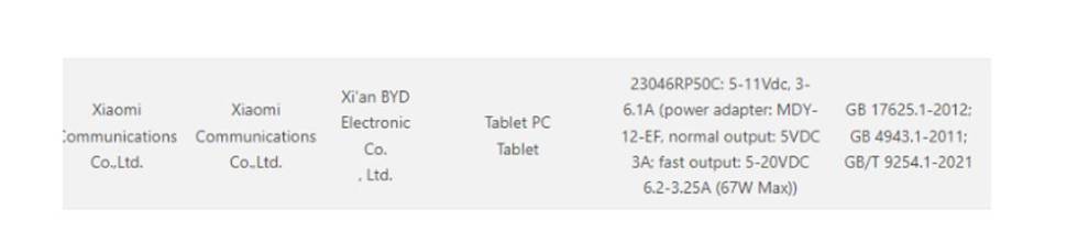 Datos de carga rápida del Xiaomi Pad 6