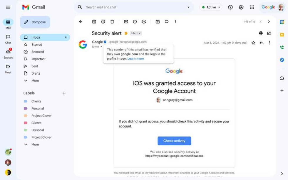 Nuevio chaeck azul de seguridad en Gmail
