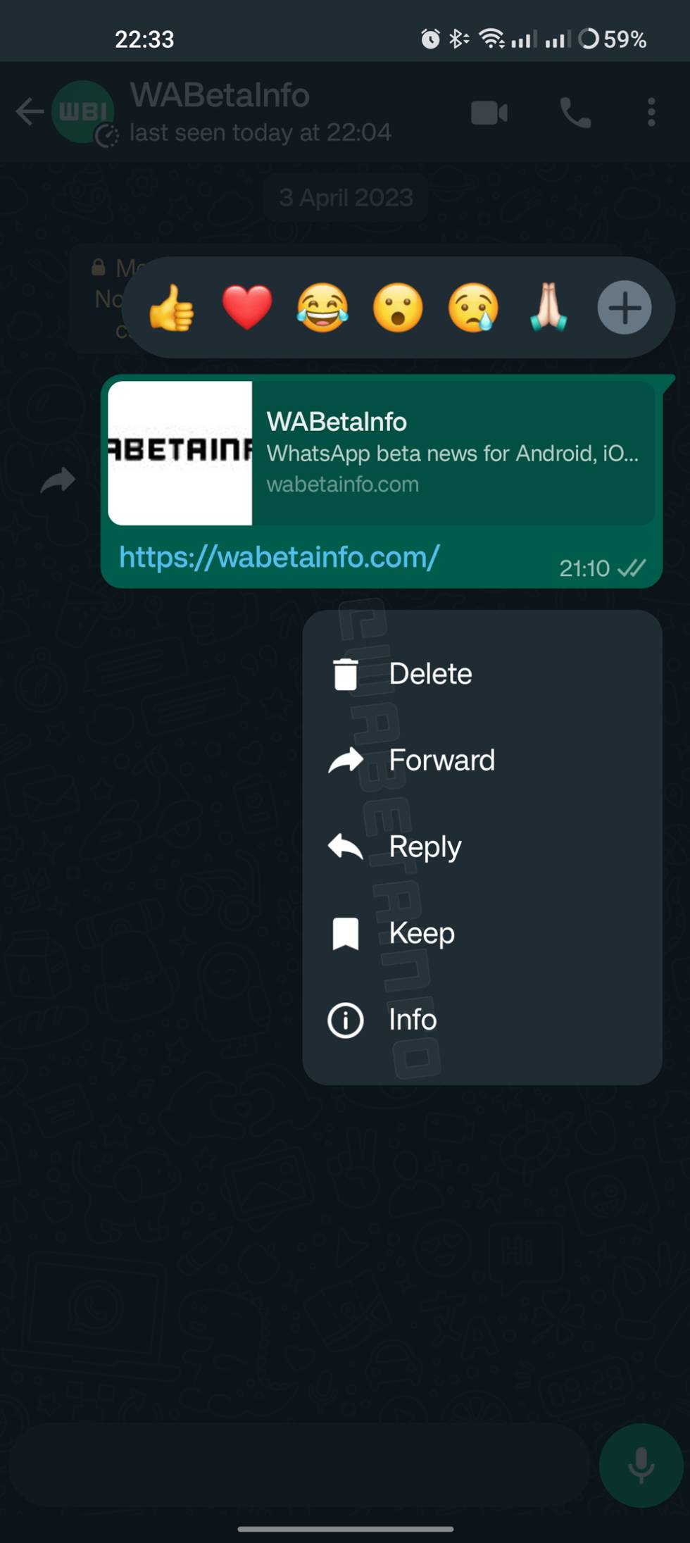 Nuevo menú contexturla mensajes en WhatsApp para Android