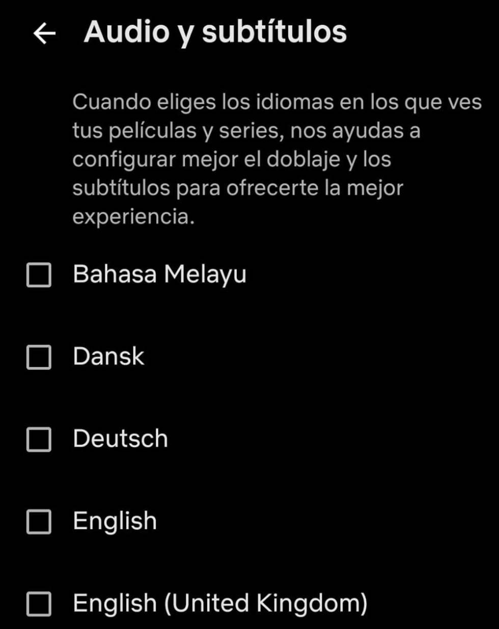 Opciones de audio y vídeo en Netflix