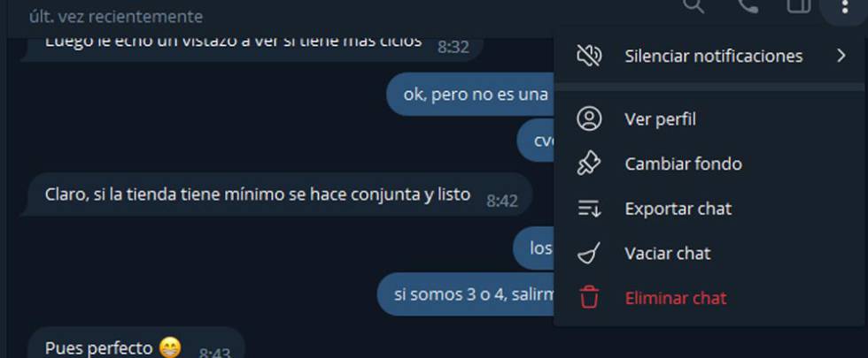 Exportar datos conversación un contacto en telegram