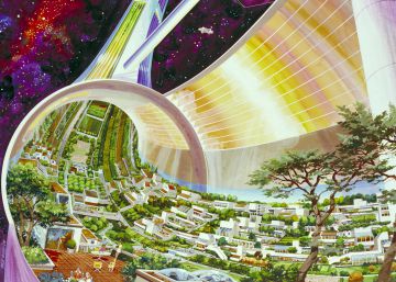 Dibujo de una colonia fuera de la tierra por Rick Guidice titulado 'Torus Wheel Settlement Interior', creado en 1975 para la NASA Ames Research Center.