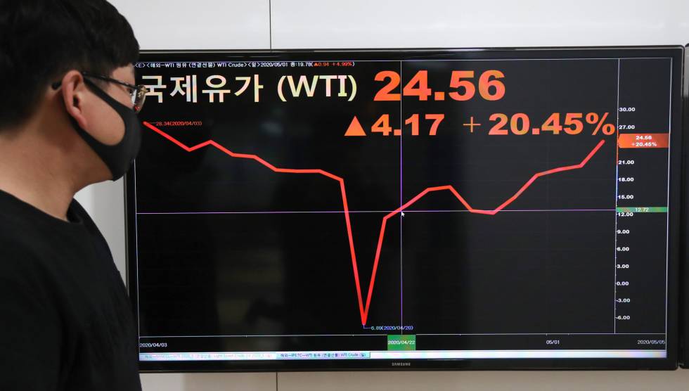 Un letrero electrónico muestra la cotización del petróleo WTI en Seúl (Corea del Sur), el 6 de mayo.