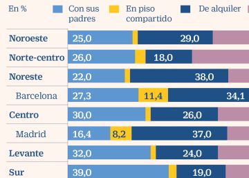 La tasa de jóvenes que viven con sus padres en el sur casi duplica a la del noreste