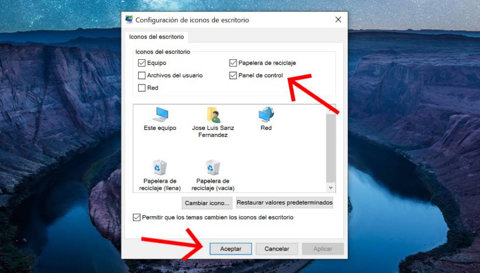 Configuración del icono del escritorio en Windows 10.