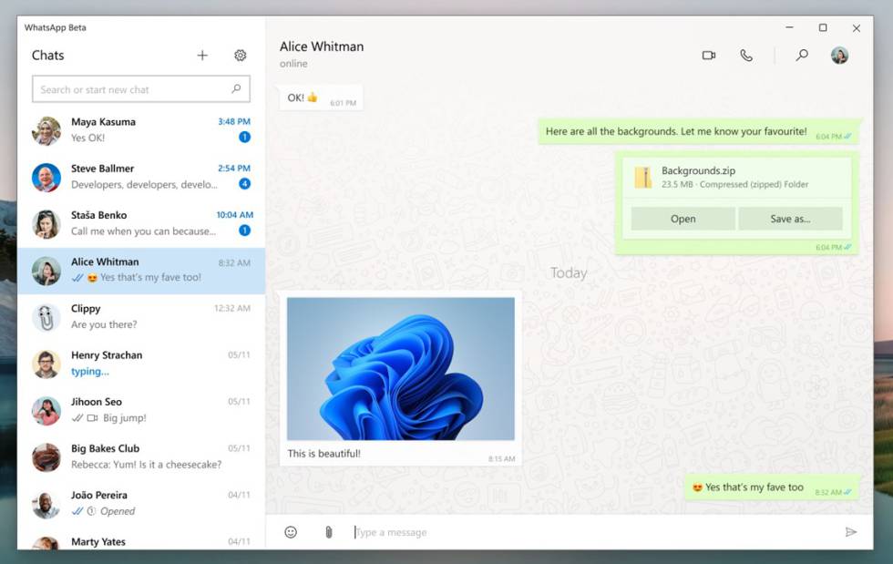 New look for WhatsApp in Windows 11.