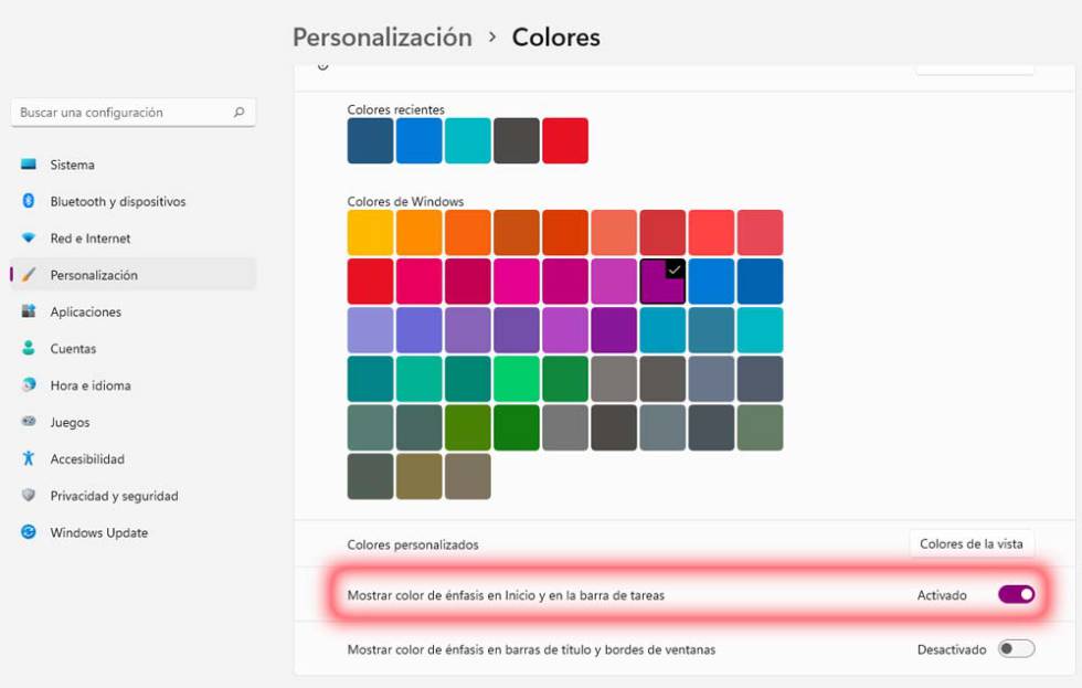 Opciones de colores en la barra de tareas en Windows 11