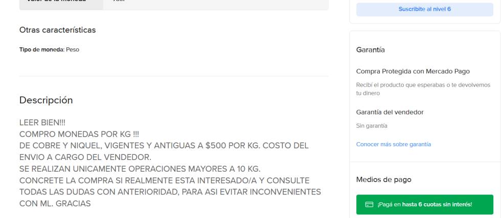 Anuncio de compra de monedas argentinas en Mercado Libre.