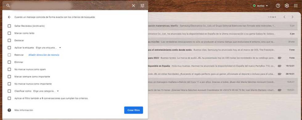 Filter options in Gmail
