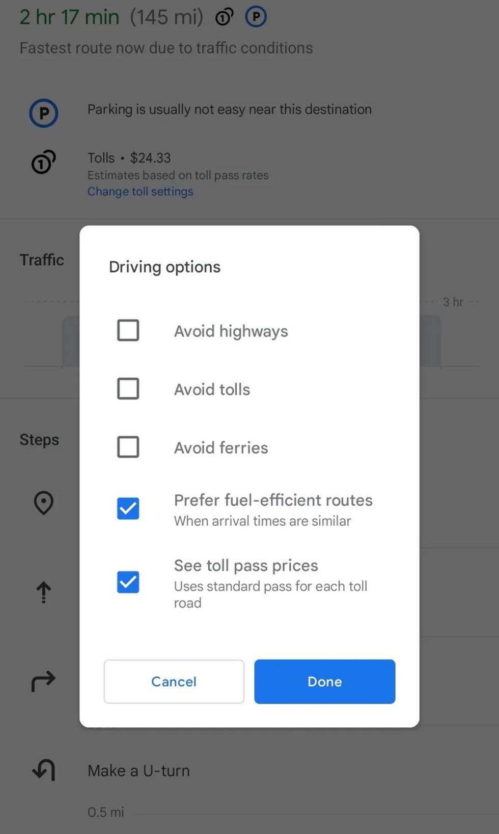 New option for highway tolls in Google Maps