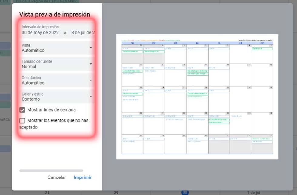 Printing Options in Google Calendar