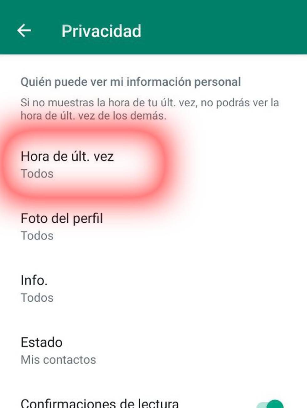 Opciones de uso de estado en la aplicación WhatsApp