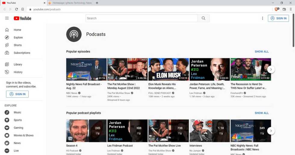 YouTube podcast interface