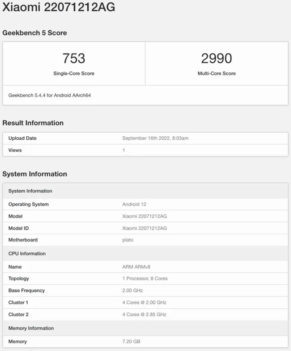 Conclusion in Geekbench of Xiaomi 12T