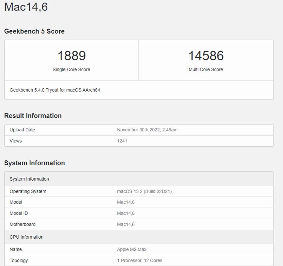 MacBook Pro with M2 Max on Geekbench