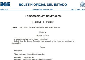 El BOE publica la ley de vivienda, que entra en vigor este viernes 26 de mayo
