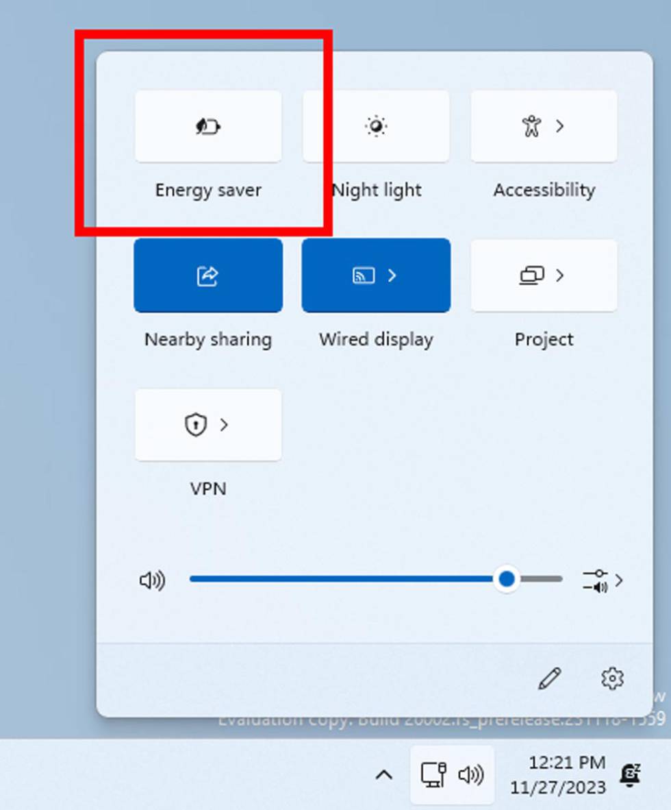 Ahorro de energía Windows 11 en acceso rápido