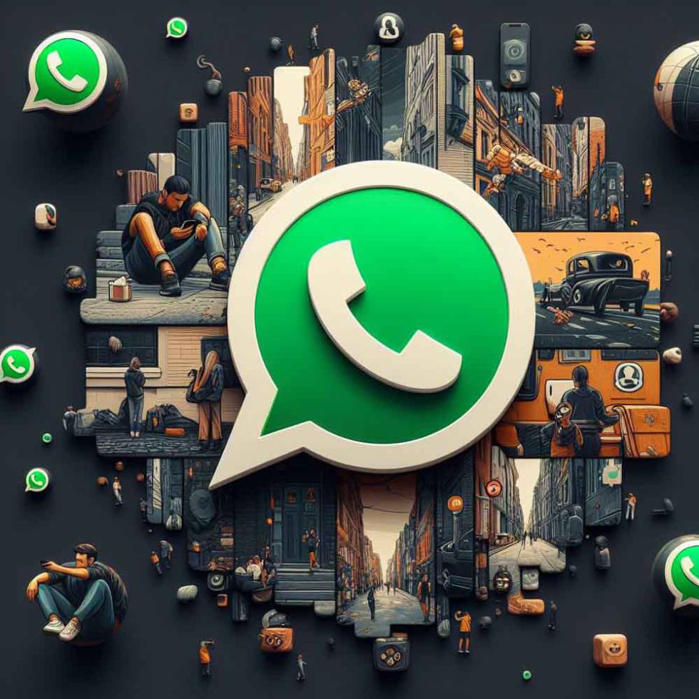 Icono de WhatsApp rodeado de imágenes.