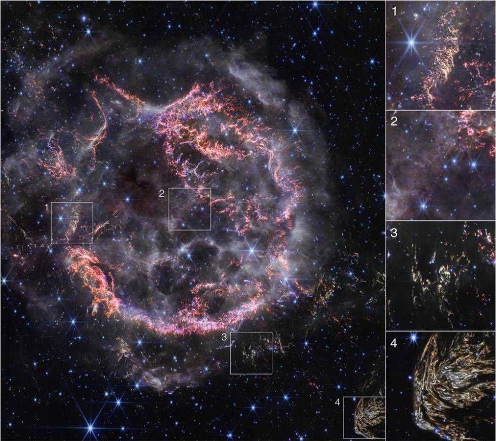 Detalles de los restos de la estrella Cassiopeia A mostrados por la NASA