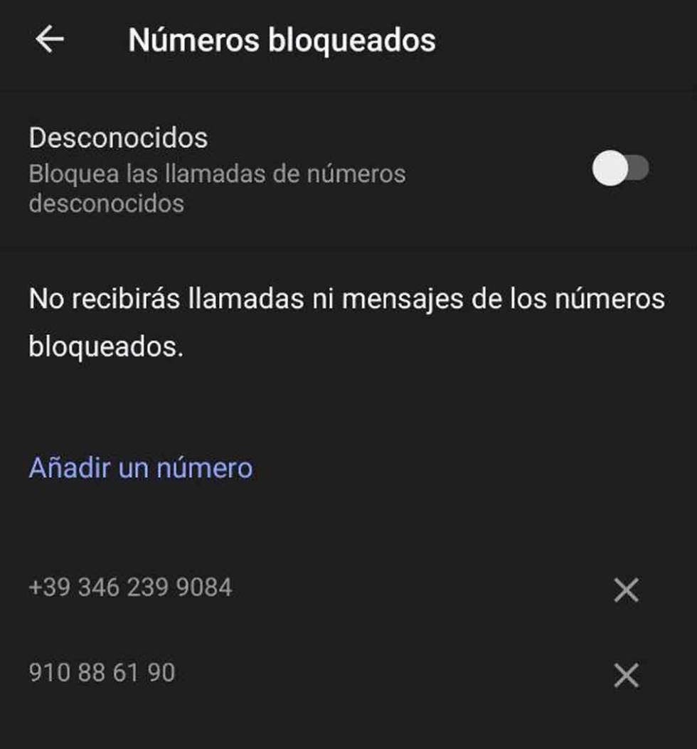 Lista de números bloqueados en Android